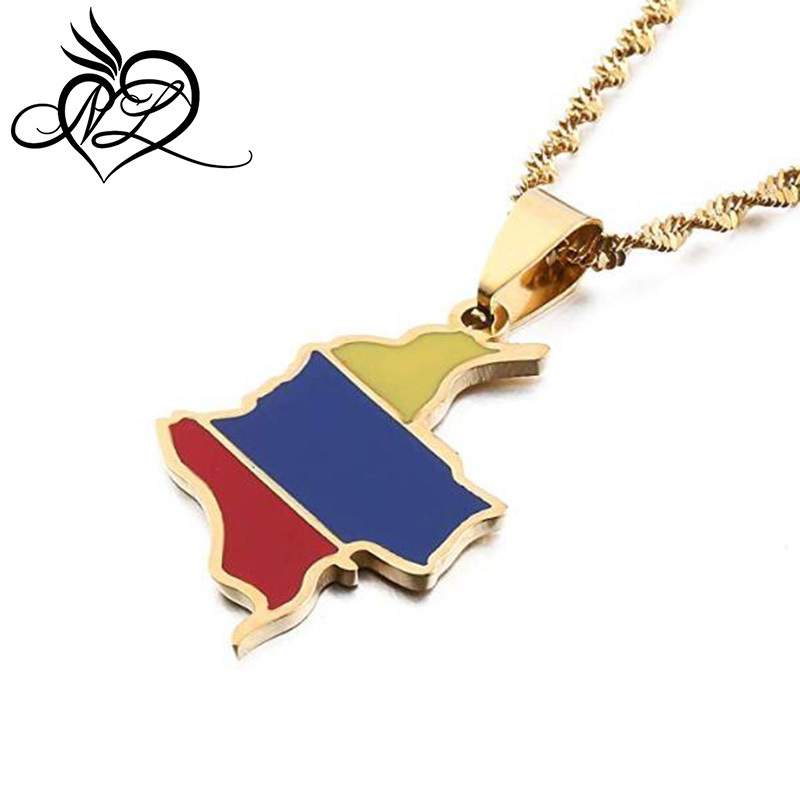 Enamel Colombia Map Pendant Necklace Colombian Flag Map Jewelry