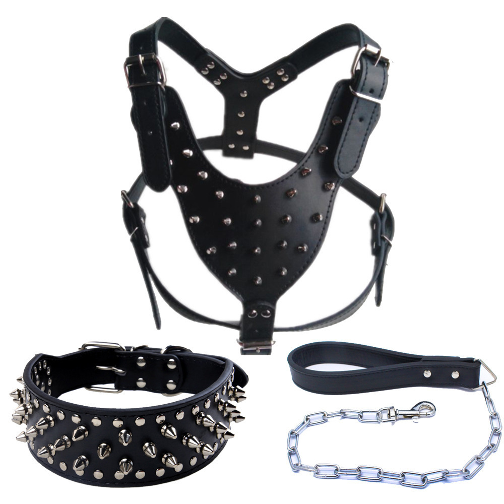 PU Punk fashion rivets spiked dog collar metal dog chain leash rivets dog harness leash collar