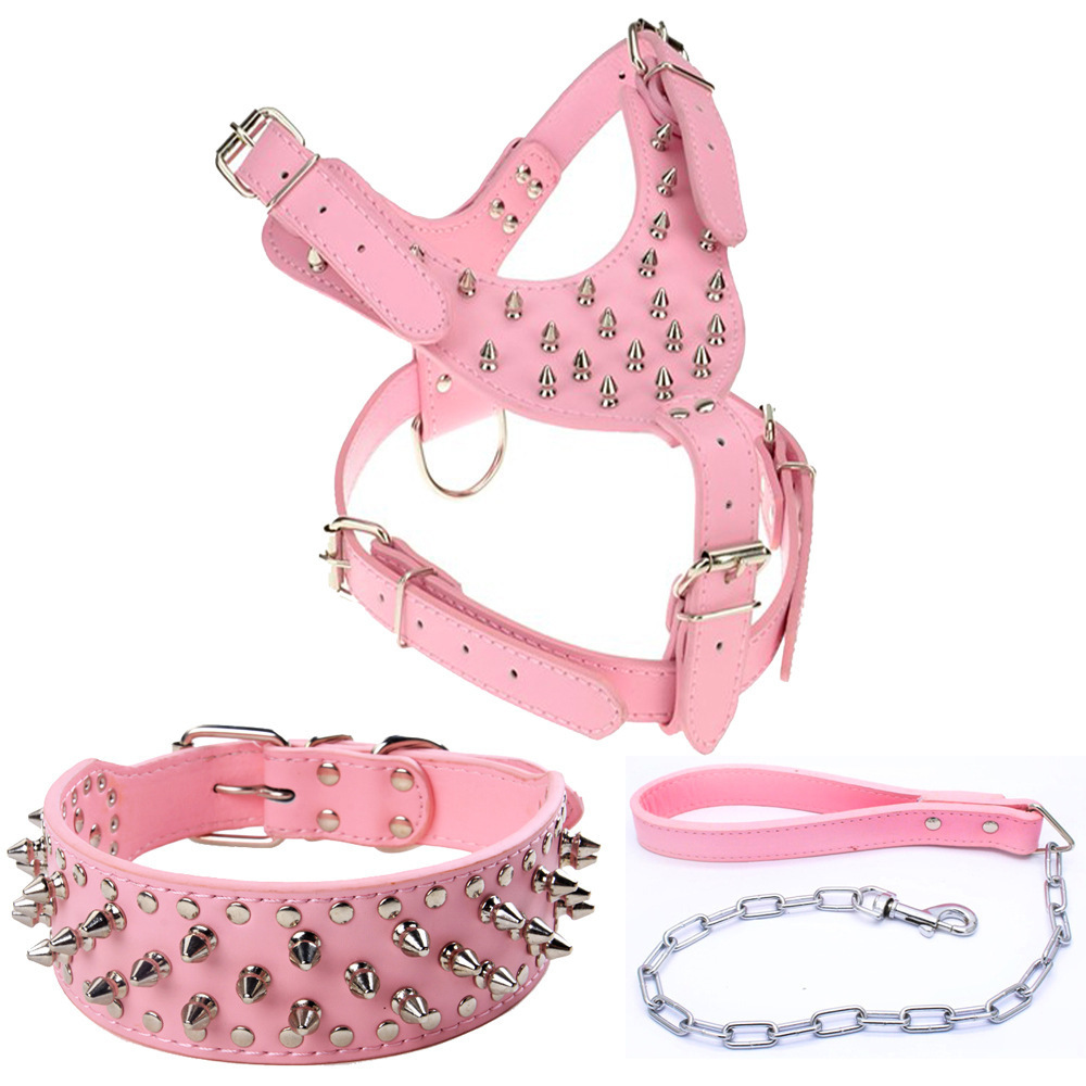 PU Punk fashion rivets spiked dog collar metal dog chain leash rivets dog harness leash collar