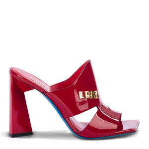 Red patent leather sandals with side cut-outs and gold-tone LRBL logo on 10 cm heel for wholesale