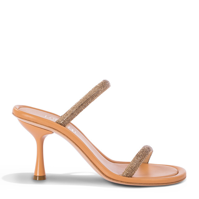 Nude nappa sandals with golden rhinestones crafted in Italy and stiletto 8 cm heel for wholesale