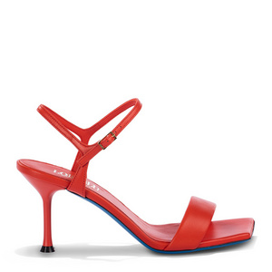 Red nappa sandals crafted in Italy on square toe, ankle straps and stiletto 8 cm heel for wholesale