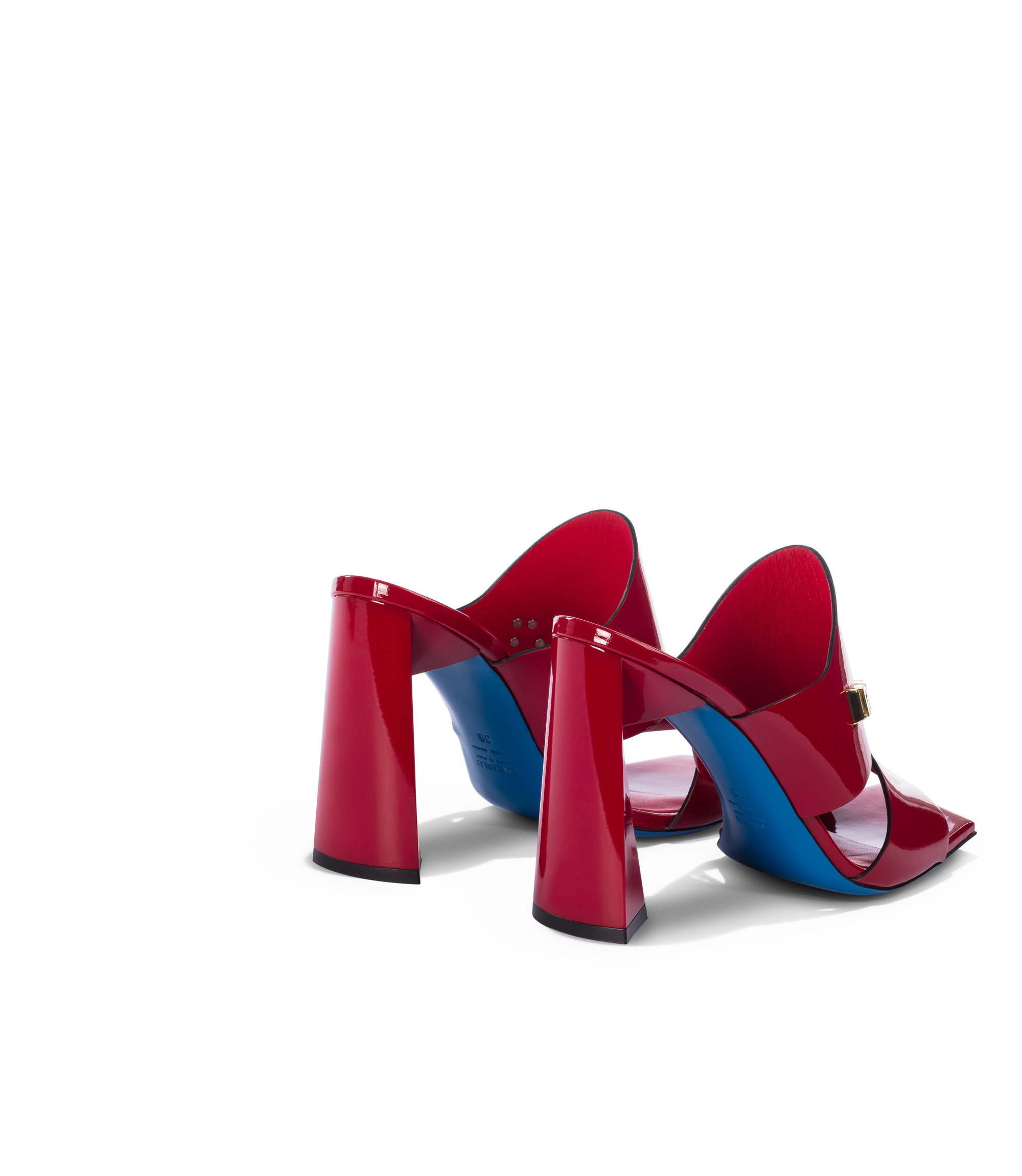 Red patent leather sandals with side cut-outs and gold-tone LRBL logo on 10 cm heel for wholesale