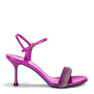 Heeled sandals fuchsia laminate nappa and fuchsia/silver rhinestones on front strap for wholesale