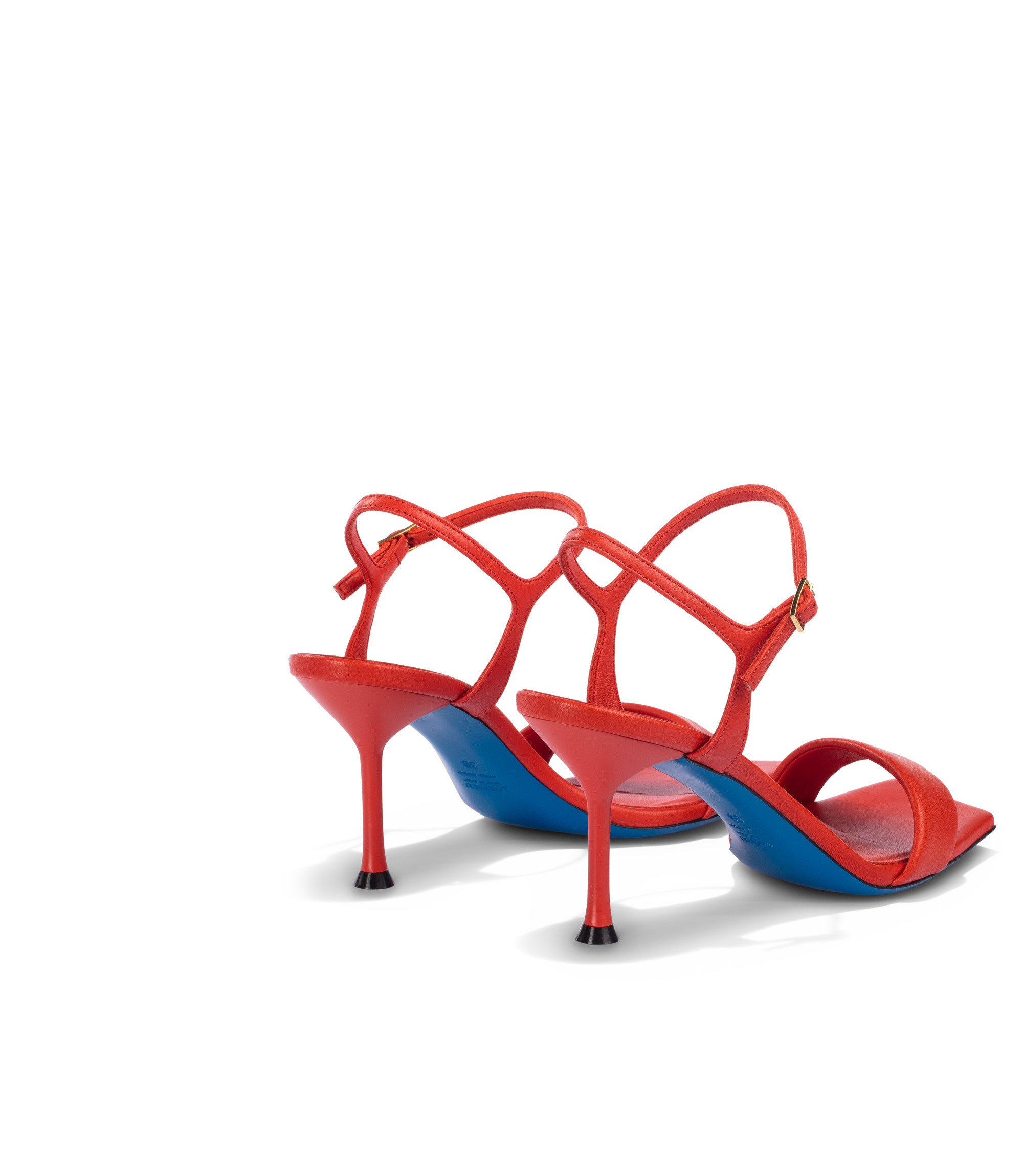 Red nappa sandals crafted in Italy on square toe, ankle straps and stiletto 8 cm heel for wholesale