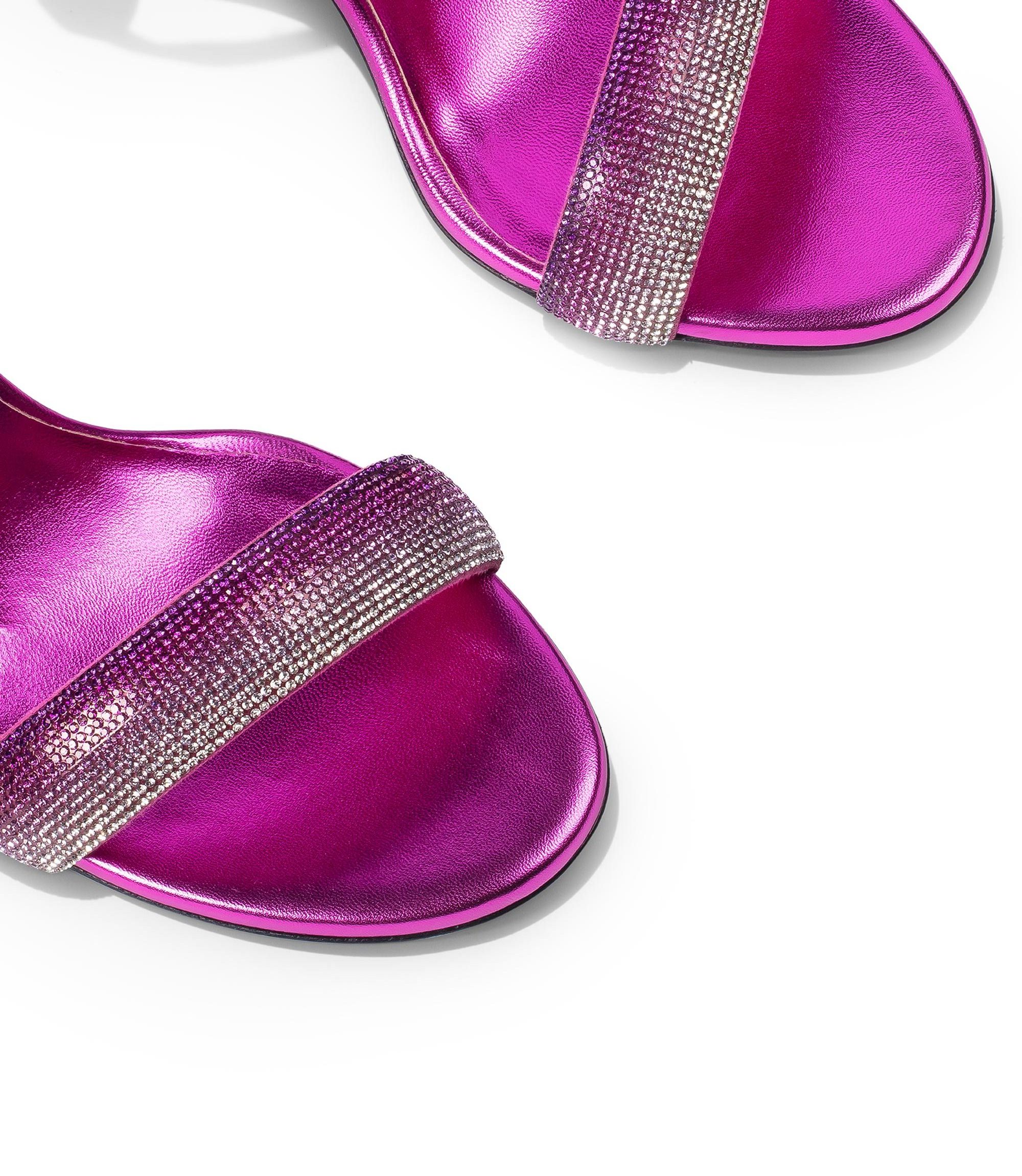 Heeled sandals fuchsia laminate nappa and fuchsia/silver rhinestones on front strap for wholesale