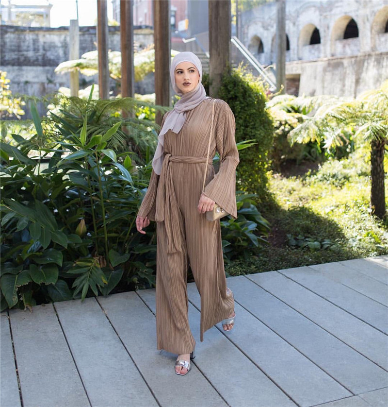 2019  modest   dubai fashion    islamic clothing    brown pleated jumpsuit