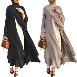 Drop Shipping Loriya Muslim Cardigan Abaya Bulk Wholesale Maxi Dresses 2 Layer Chiffon Casual Muslim Women Abaya Front Open Abay