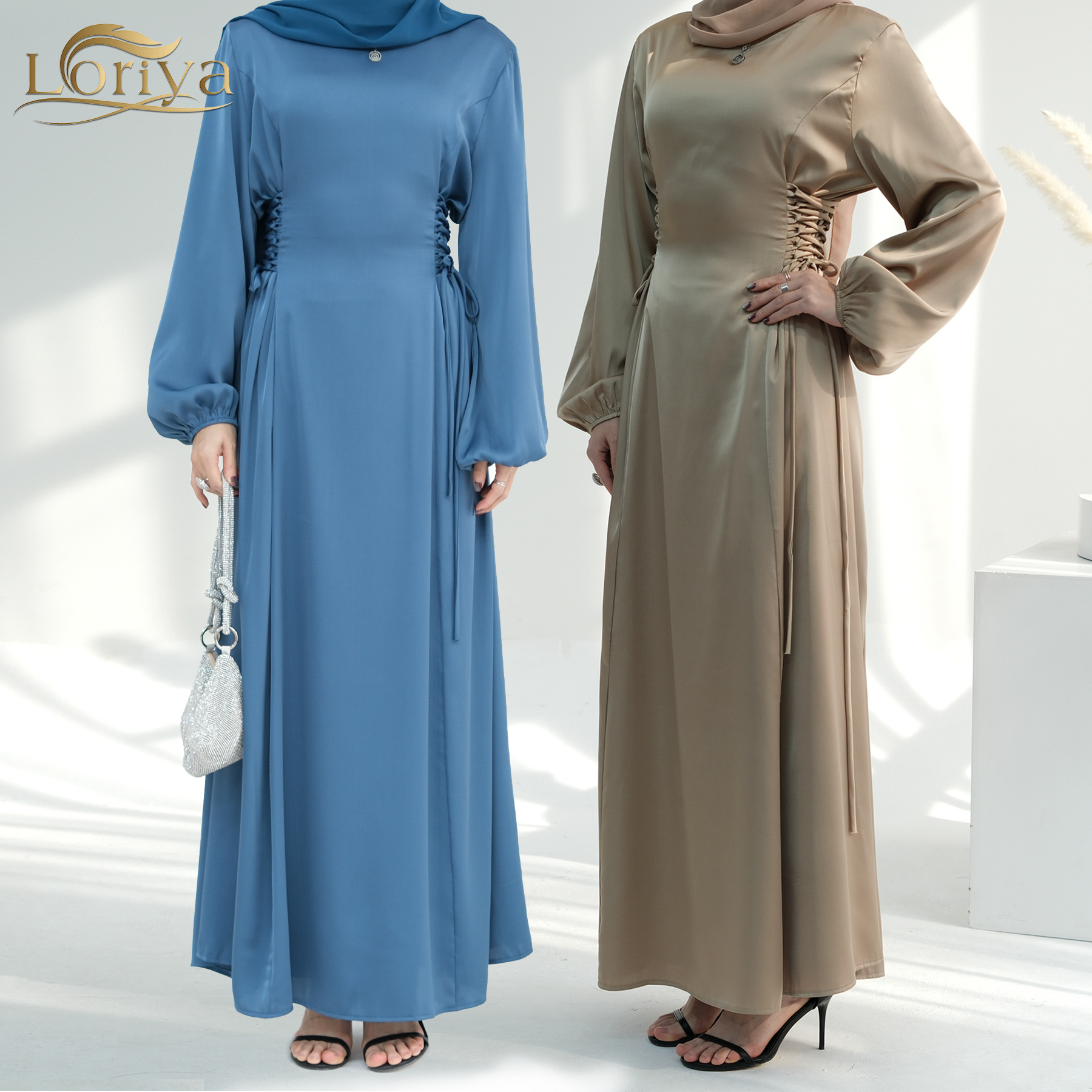 2024 EID New Abaya Women Muslim Dress Satin Modest Dresses Adjustable Waist String Style Islamic Clothing Women's Dresses