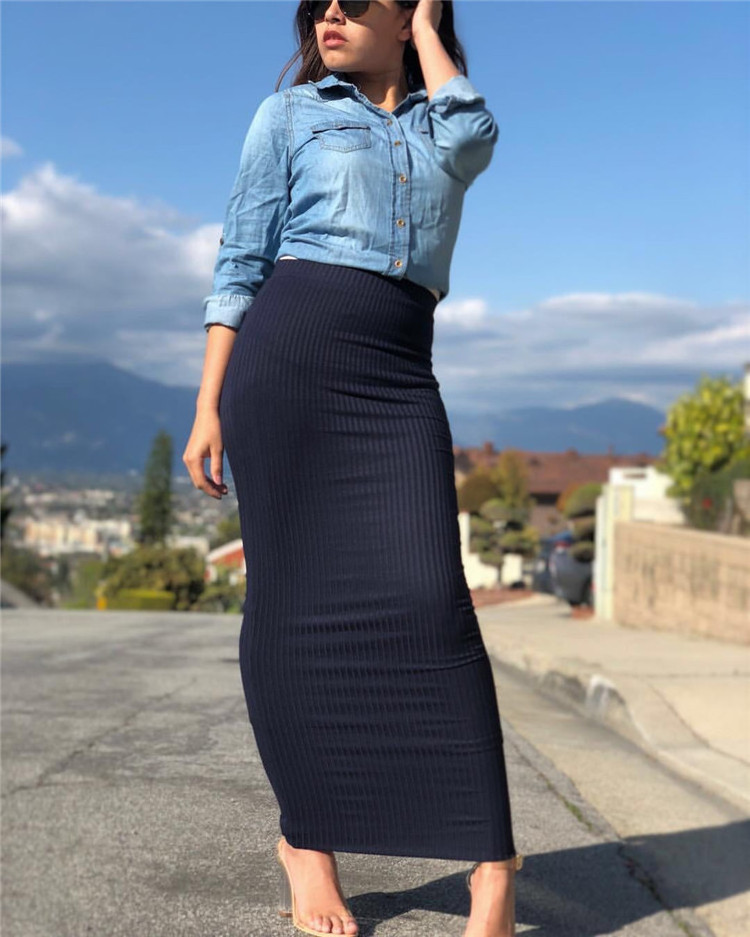 2019 wholesale fashion knit material slim skirts for muslim women turkish latest Islamic office lady half long skirts