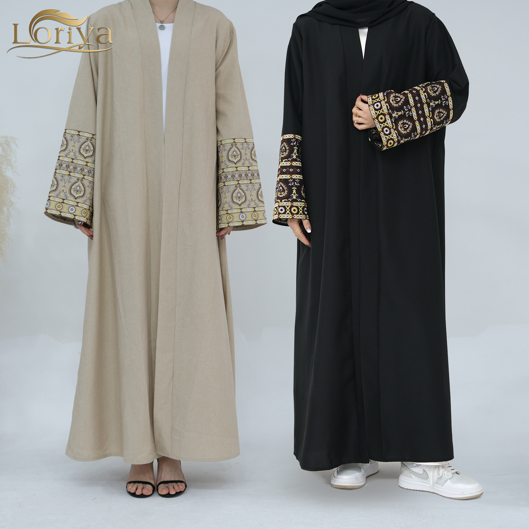 2024 Loriya Abaya Eid Ramadan Islamic Clothing Cardigan Abaya Dubai Modest Embroidery Sleeve Design Black Abaya Wholesale