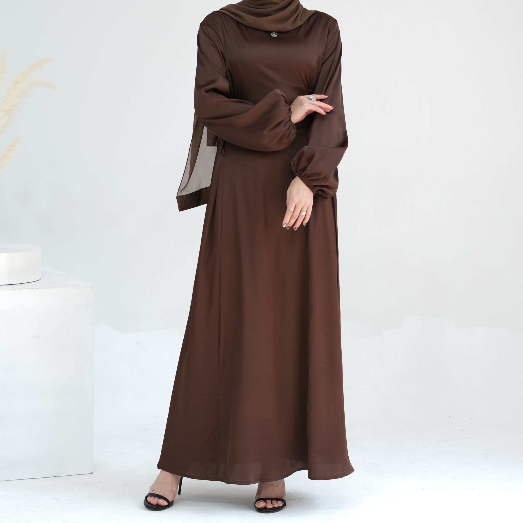 2024 EID New Abaya Women Muslim Dress Satin Modest Dresses Adjustable Waist String Style Islamic Clothing Women's Dresses