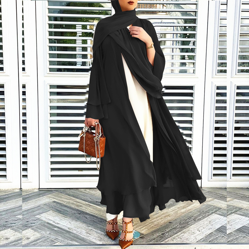 Drop Shipping Loriya Muslim Cardigan Abaya Bulk Wholesale Maxi Dresses 2 Layer Chiffon Casual Muslim Women Abaya Front Open Abay