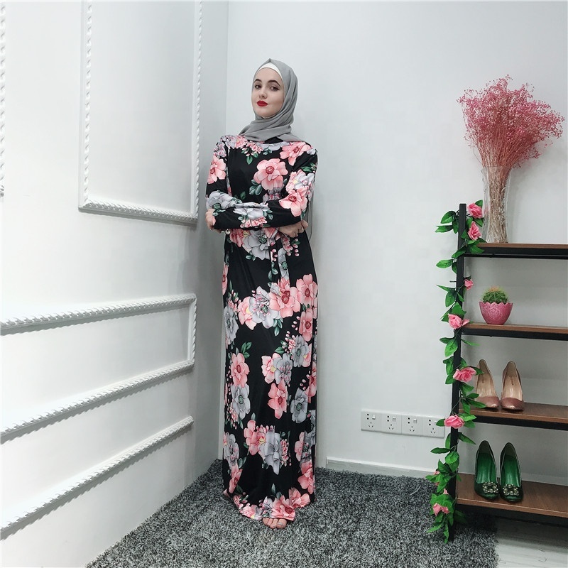 Fashion muslim women floral long maxi dress abaya kaftan dubai islamic arab gown