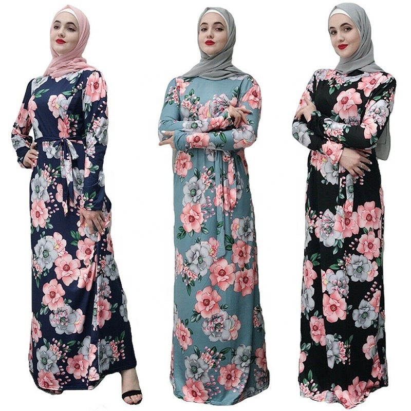 Fashion muslim women floral long maxi dress abaya kaftan dubai islamic arab gown