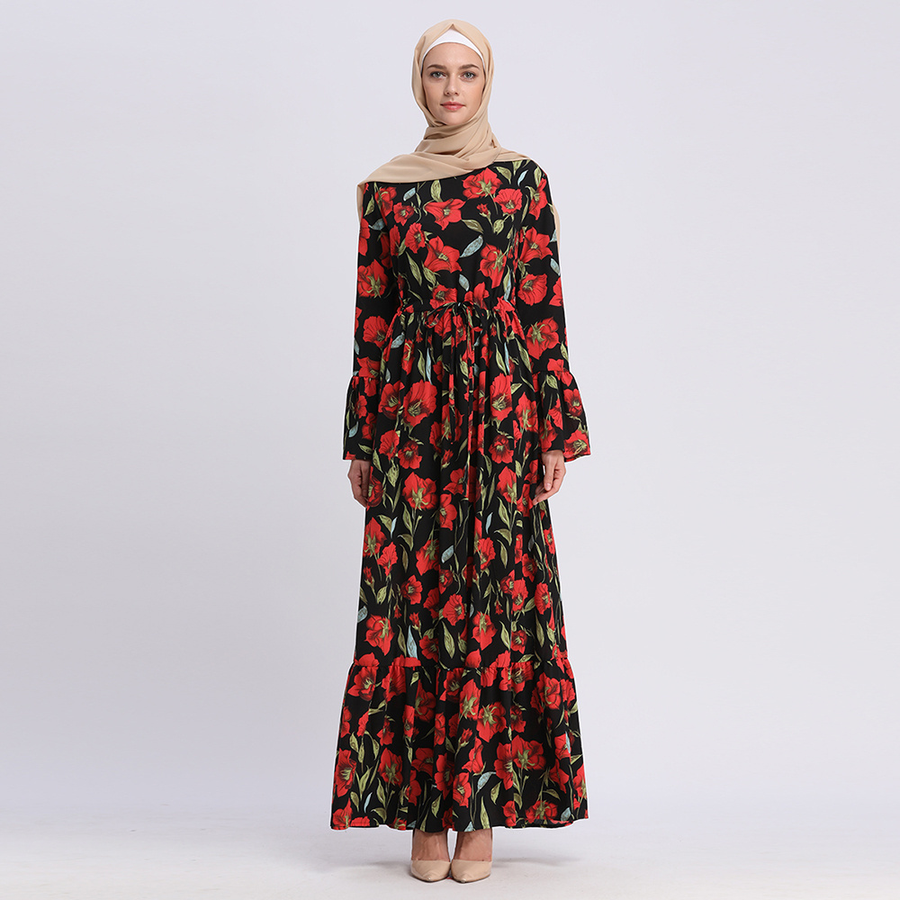 Good Quality Turkish Clothes Umbrella Floral Printed Red Hot Sale Dubai Jubah Muslim Female Dress Ladies Long Kaftan Dresses