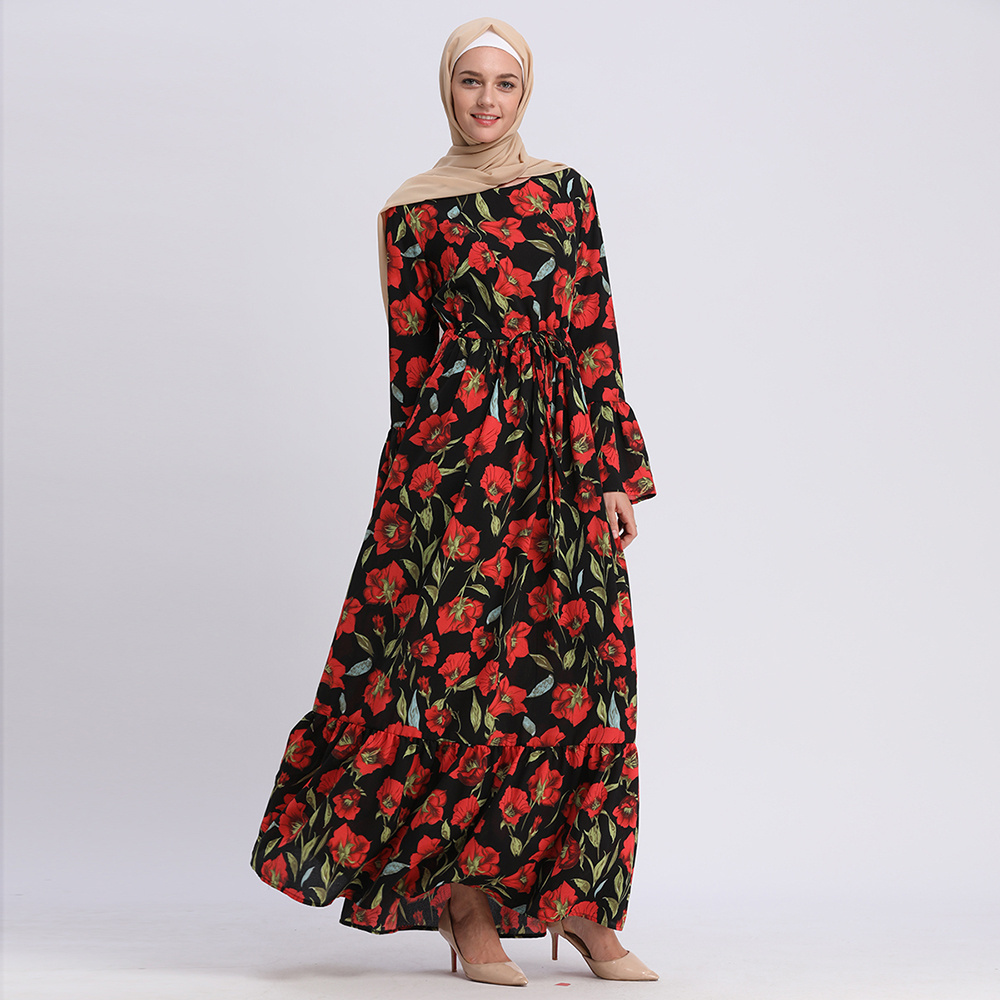 Good Quality Turkish Clothes Umbrella Floral Printed Red Hot Sale Dubai Jubah Muslim Female Dress Ladies Long Kaftan Dresses