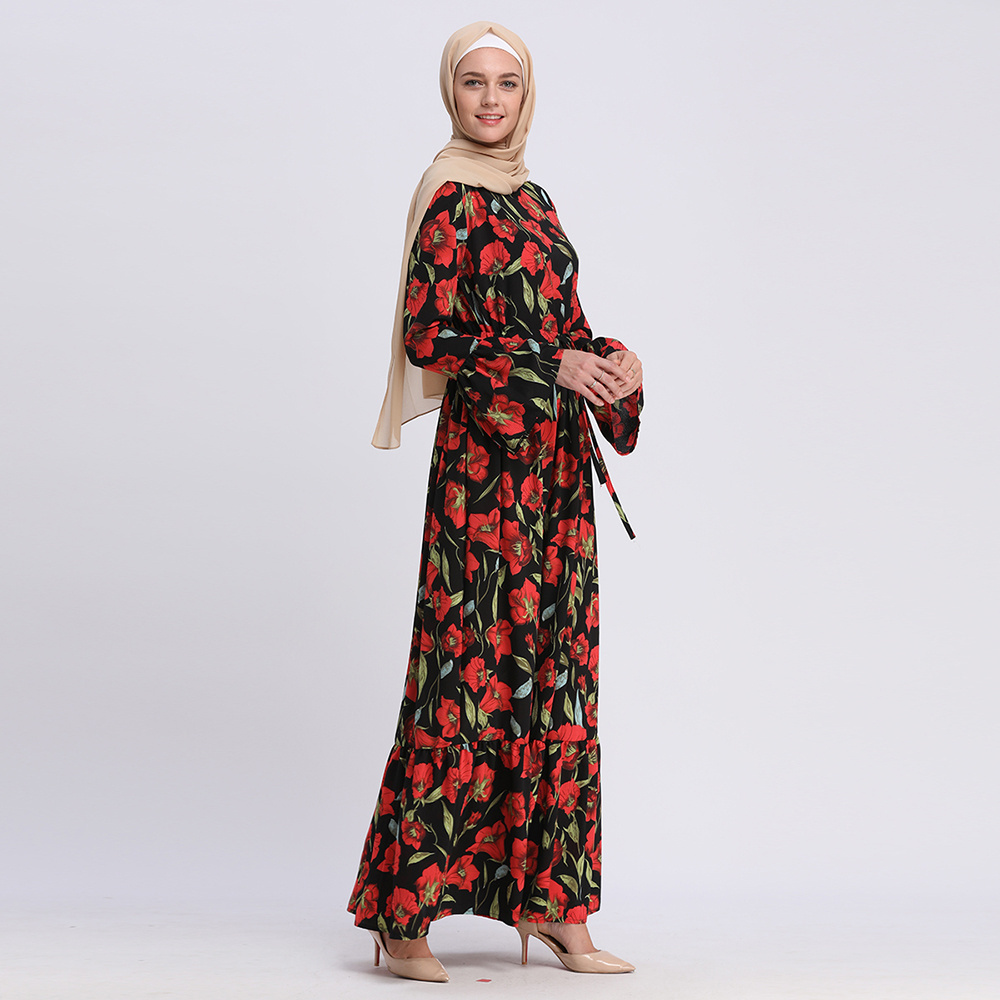 Good Quality Turkish Clothes Umbrella Floral Printed Red Hot Sale Dubai Jubah Muslim Female Dress Ladies Long Kaftan Dresses