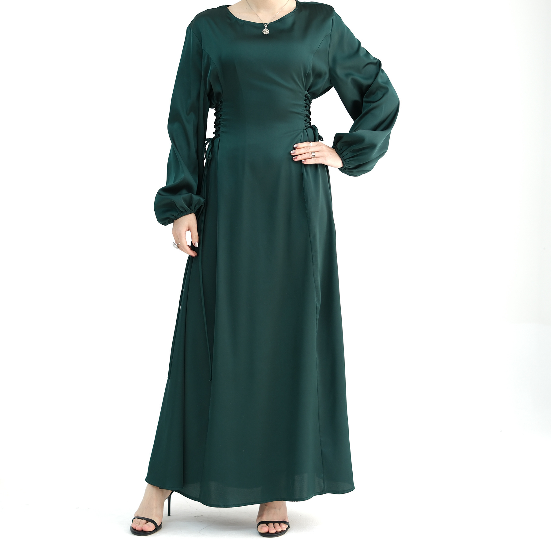 2024 EID New Abaya Women Muslim Dress Satin Modest Dresses Adjustable Waist String Style Islamic Clothing Women's Dresses