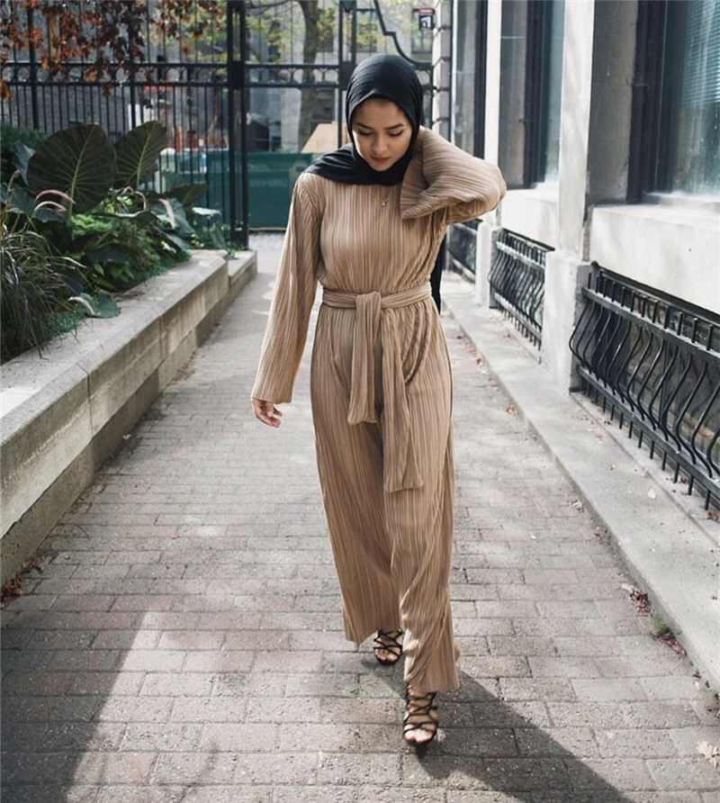 2019  modest   dubai fashion    islamic clothing    brown pleated jumpsuit