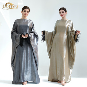 Loriya Islamic Clothing Feather Closed Abayas Women Muslim Dress Turkey Dubai Abaya Modest Dress with Inside Tie Belt