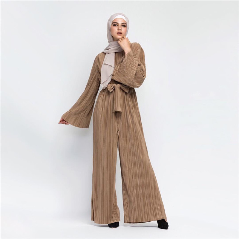 2019  modest   dubai fashion    islamic clothing    brown pleated jumpsuit