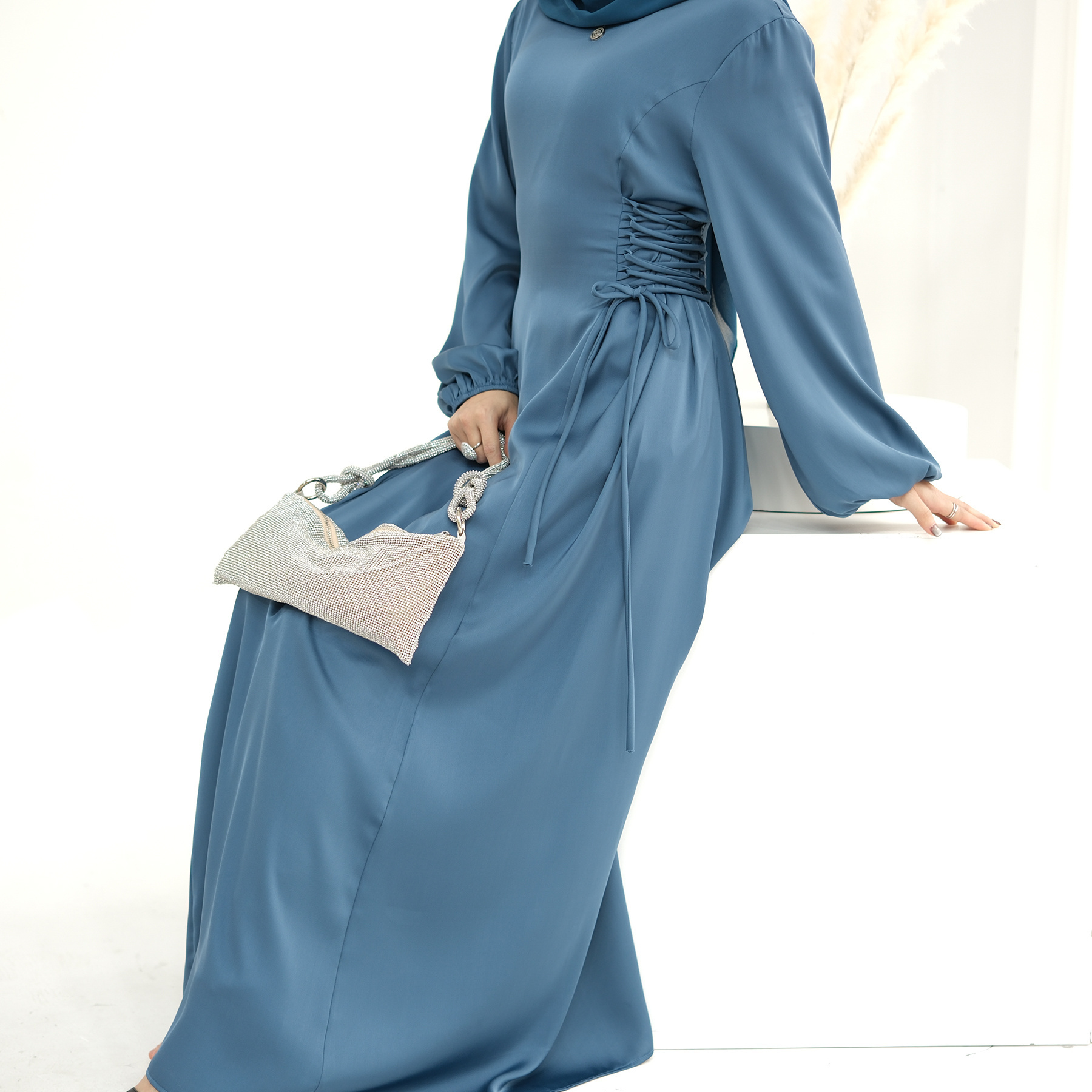 2024 EID New Abaya Women Muslim Dress Satin Modest Dresses Adjustable Waist String Style Islamic Clothing Women's Dresses