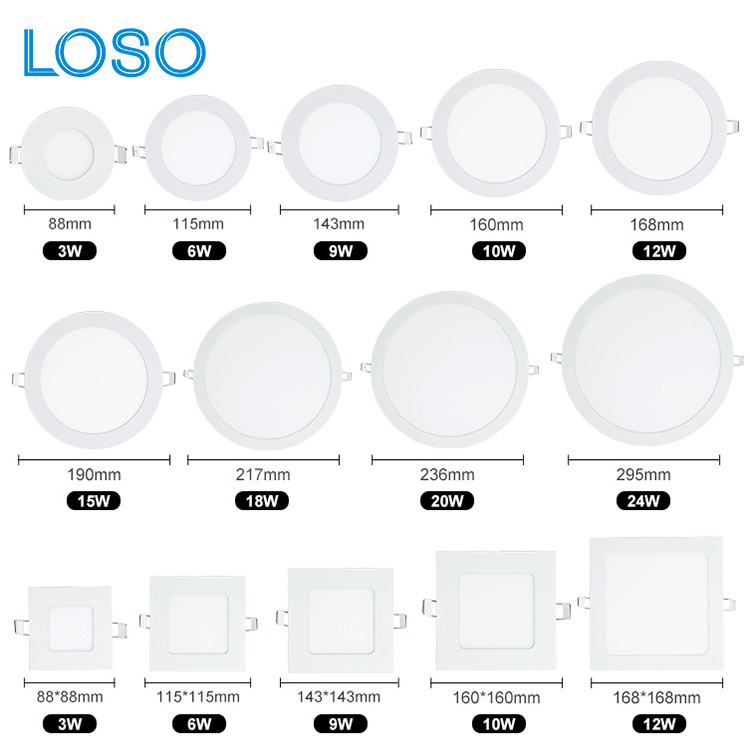 LOSO Ultra Thin Aluminum Square Round 3W 6W 9W 10W 12W 15W 18W 20W 24W Recessed Ceiling LED Panel Light