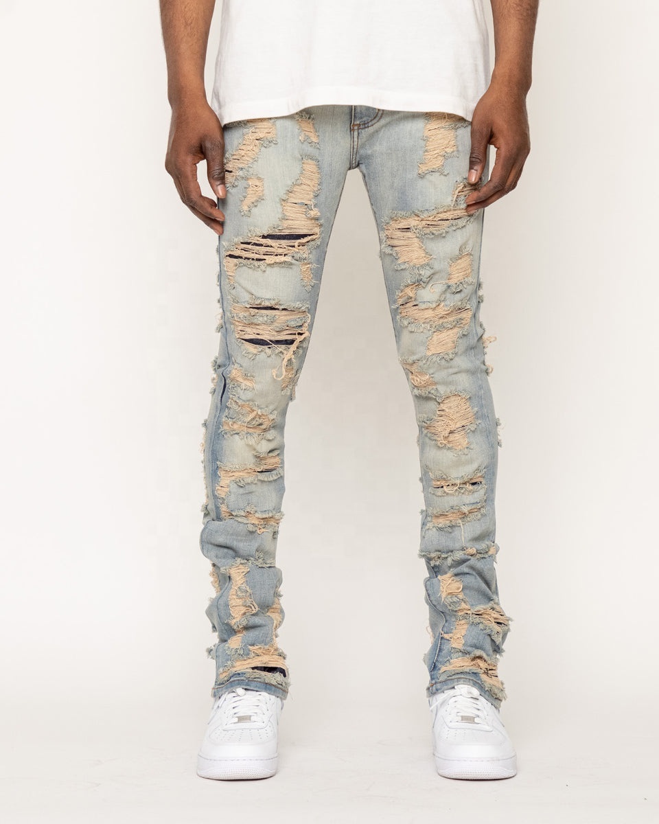 Custom OEM italian men vintage denim ripped men flared stacked jeans