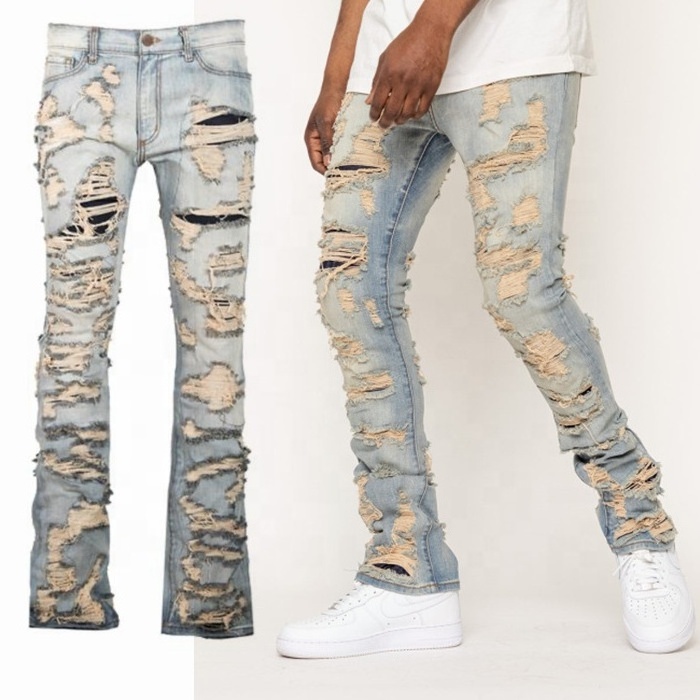 Custom OEM italian men vintage denim ripped men flared stacked jeans