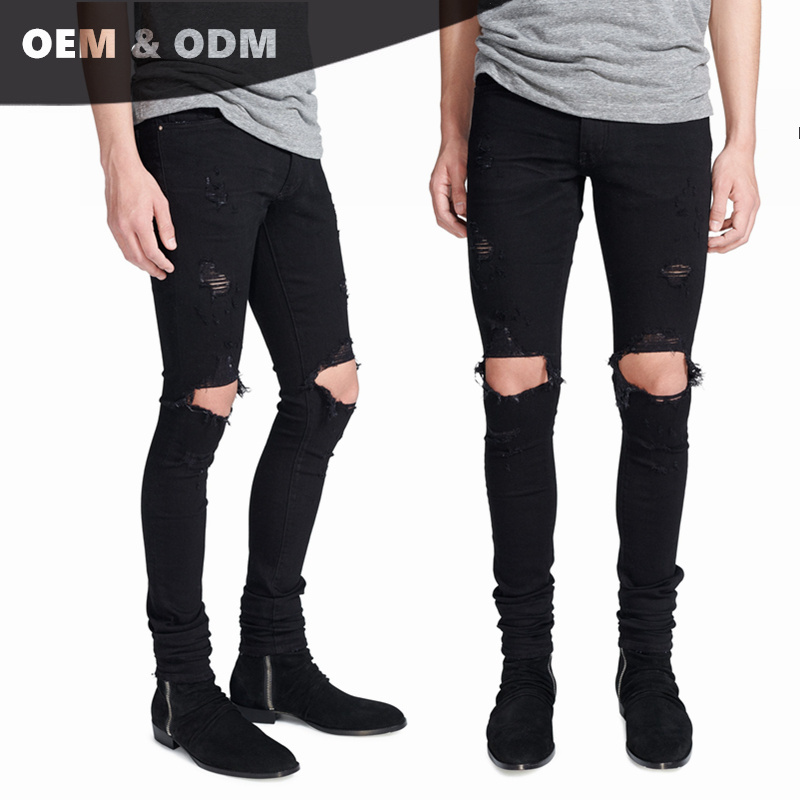 OEM custom manufacturers blank denim wholesale bulk order los angeles jeans al por mayor men skinny ripped black jeans 0025