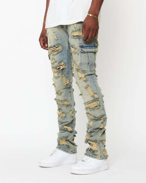 Lotfeel Custom OEM italian men vintage denim ripped men flared cargo demin stacked jeans for men