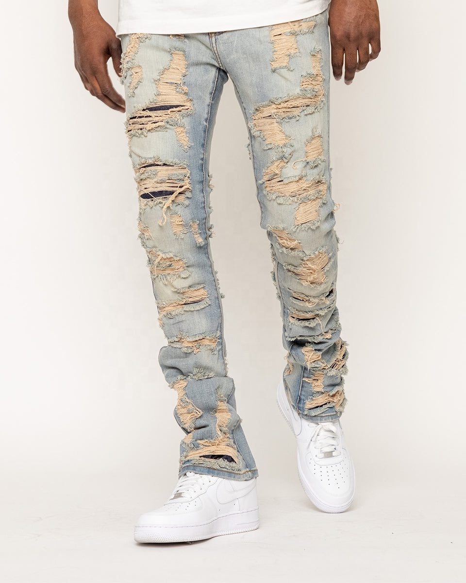 Custom OEM italian men vintage denim ripped men flared stacked jeans