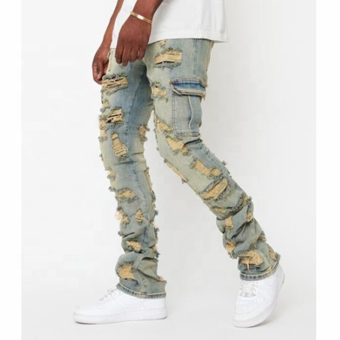 Lotfeel Custom OEM italian men vintage denim ripped men flared cargo demin stacked jeans for men