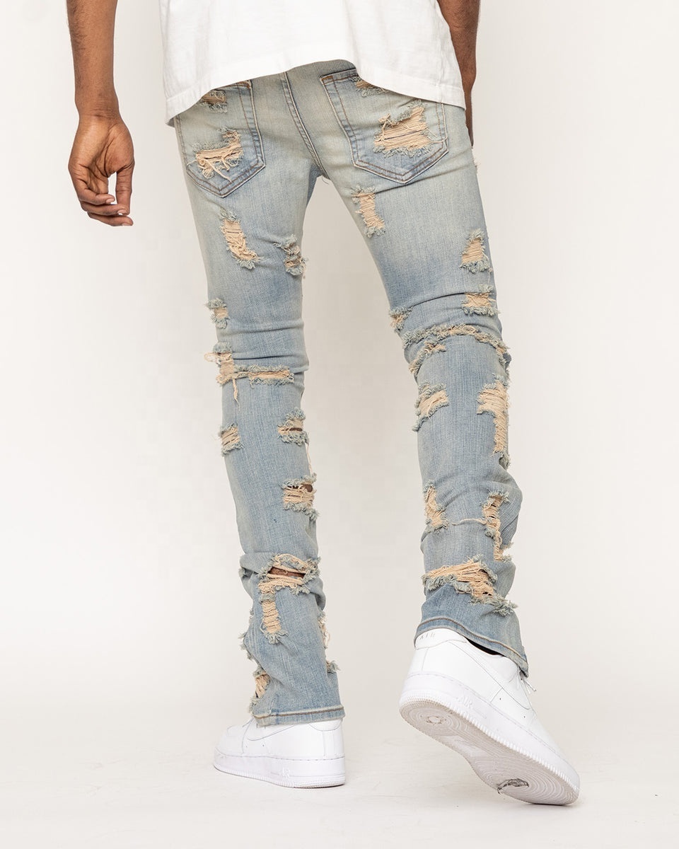 Custom OEM italian men vintage denim ripped men flared stacked jeans