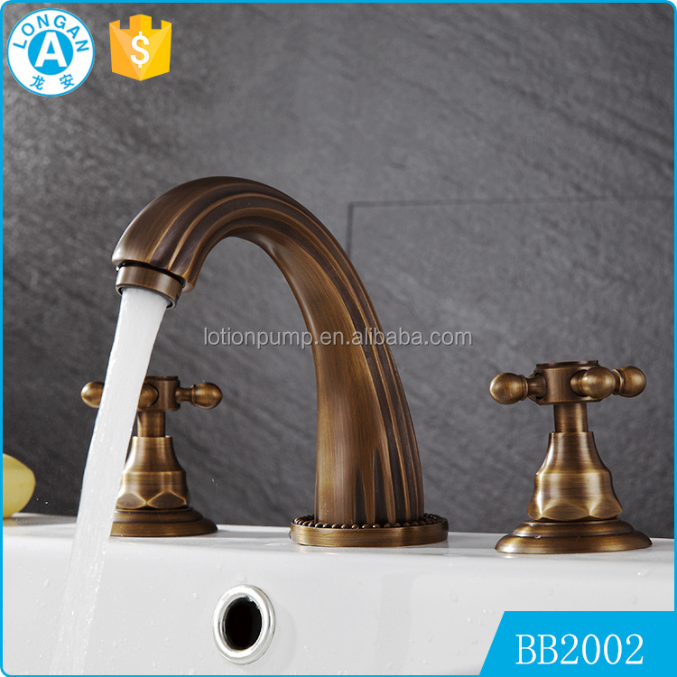 China faucet factory custom deck mounted 3 holes golden artistic brass bathroom faucet