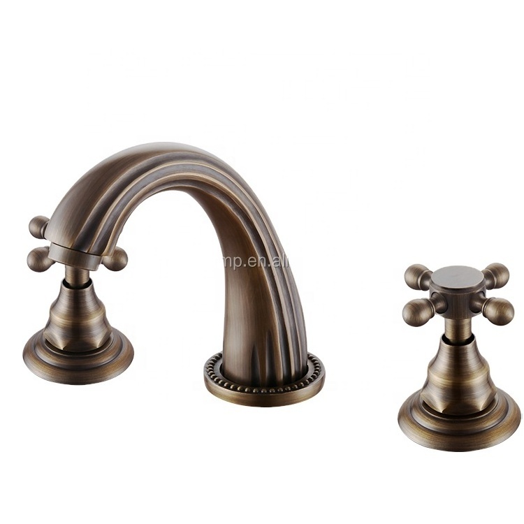 China faucet factory custom deck mounted 3 holes golden artistic brass bathroom faucet