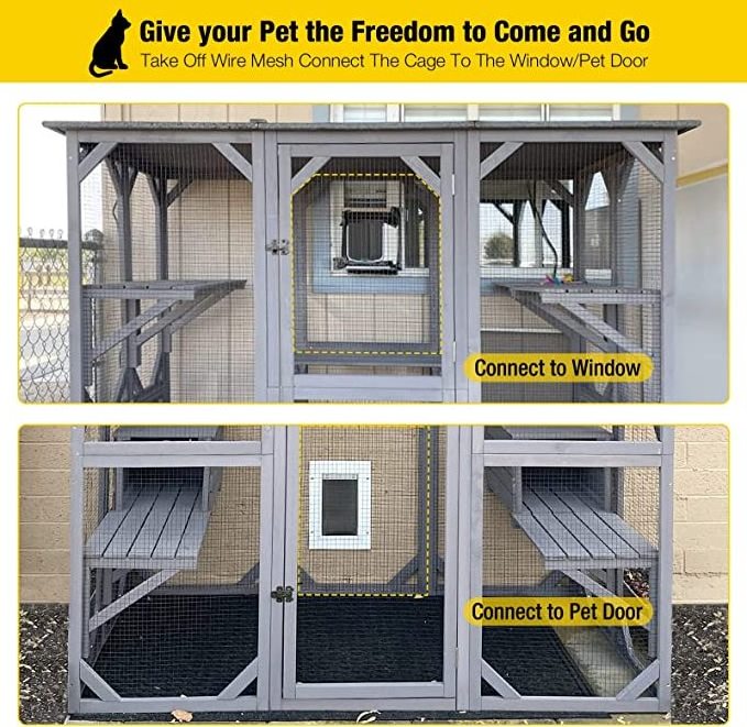 Wooden Cat House Huge Cage Outdoor Catio Kitty Enclosure Cat Condo Playpen with Platforms