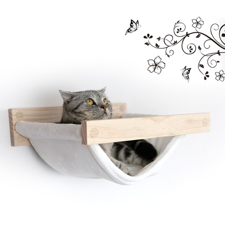 Cat Wall Cat Bed Solid Wooden Cat Wall Furniture Shelves Hammock with Flannel Cloth