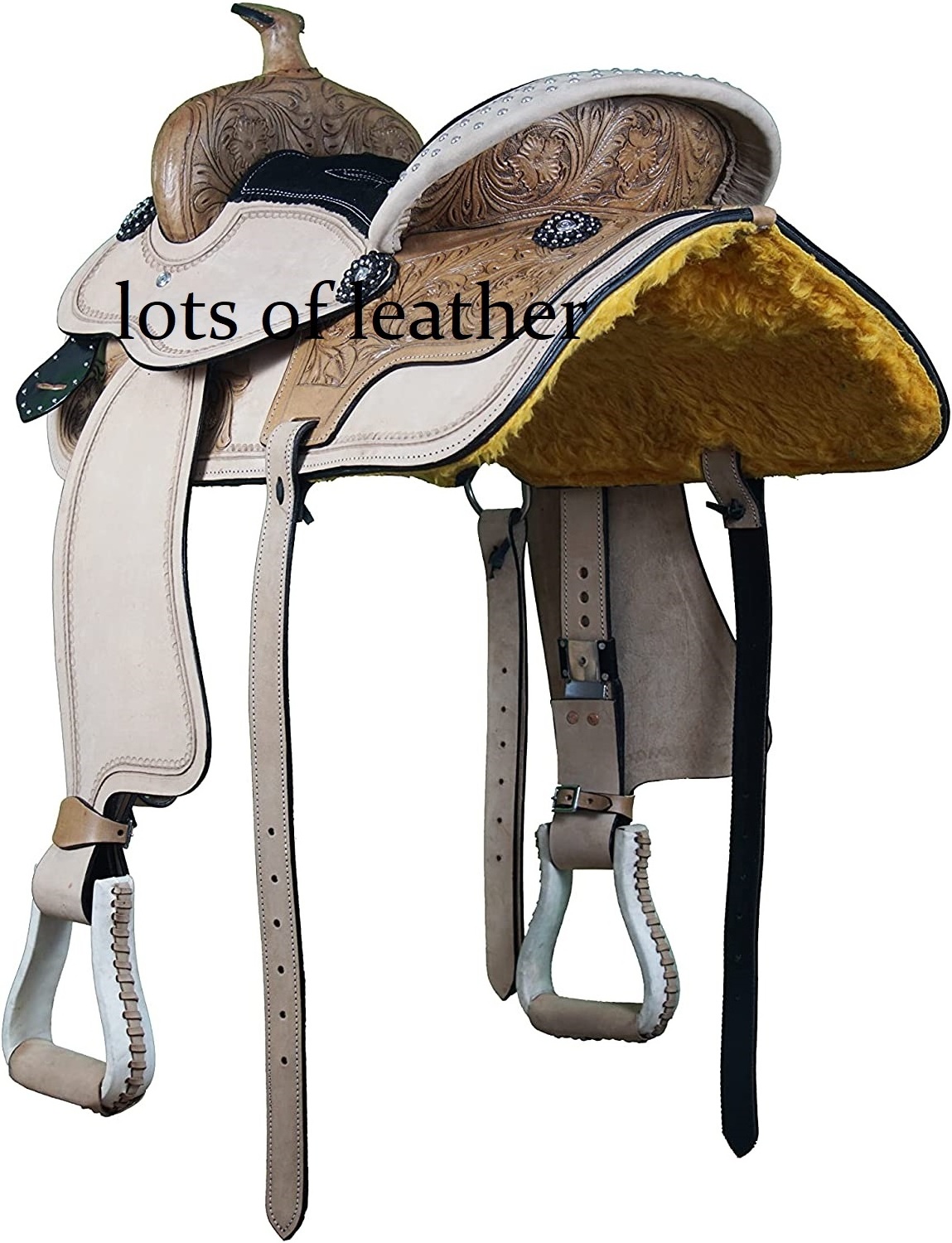 EQUESTRIAN HORSE SINGLE BARREL TRAIL LEATHER WESTERN COWBOY SADDLE HAND TOOLED MATCHING HEADSTALL BREASTPLATE SET WHITE COLOR