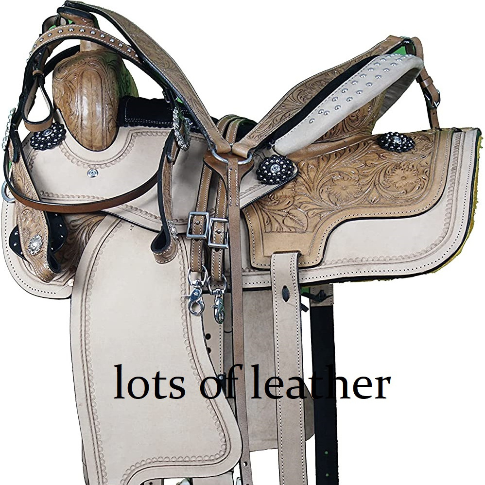 EQUESTRIAN HORSE SINGLE BARREL TRAIL LEATHER WESTERN COWBOY SADDLE HAND TOOLED MATCHING HEADSTALL BREASTPLATE SET WHITE COLOR