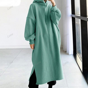 Wholesale Autumn Winter Fleece Solid Split Hem Hoodies Women's Sweatshirt Dresses