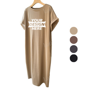 Wholesale custom logo casual midi oversize ladies cotton short sleeve blank long split t shirt dress