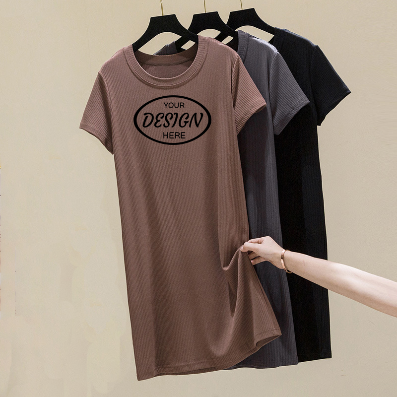 Wholesale custom logo casual midi oversize ladies cotton short sleeve blank long split t shirt dress