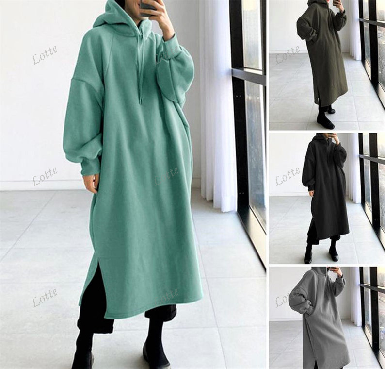 Wholesale Autumn Winter Fleece Solid Split Hem Hoodies Women's Sweatshirt Dresses