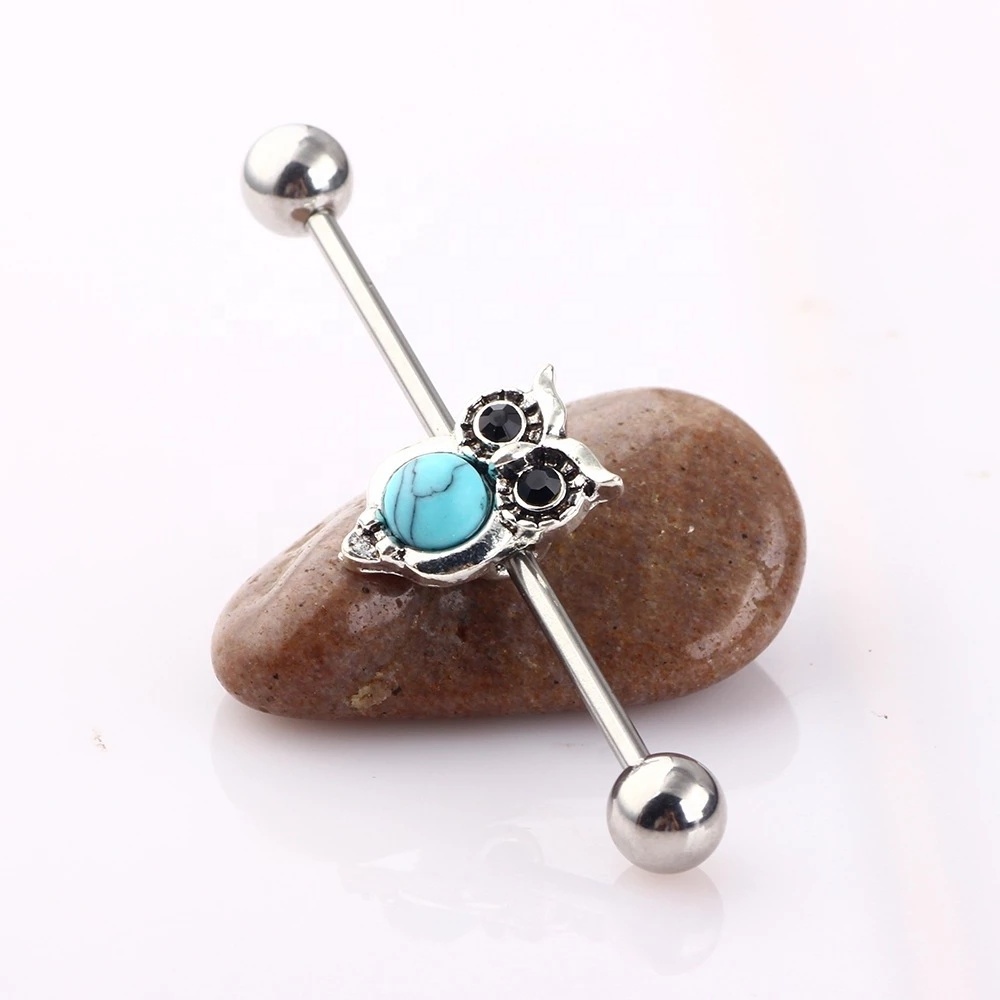 Wholesale 316L Surgical Steel Owl Turqoise Stone CZ  Industrial Bar Ear Piercing 16G