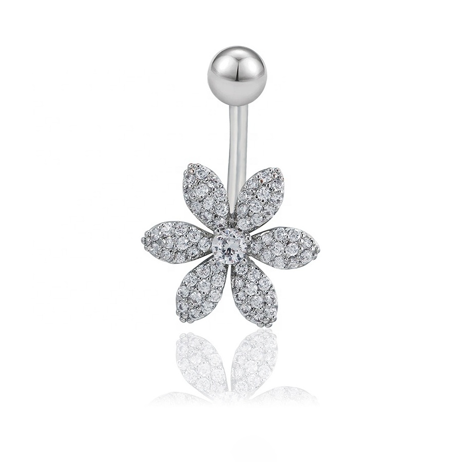 Wholesale 316L Surgical Steel Flower Paved Zirconia Stainless Steel Earrings Piercing Navel Ring Belly Jewelry Belly Button Ring