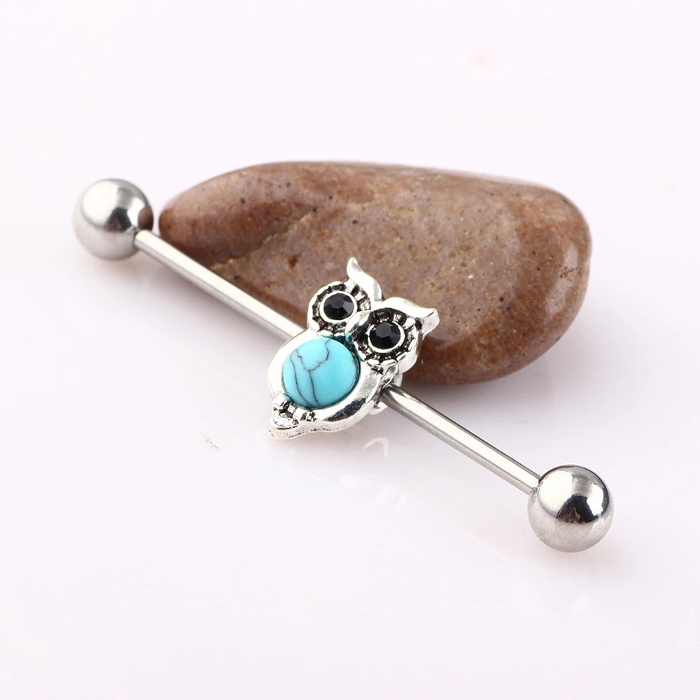 Wholesale 316L Surgical Steel Owl Turqoise Stone CZ  Industrial Bar Ear Piercing 16G