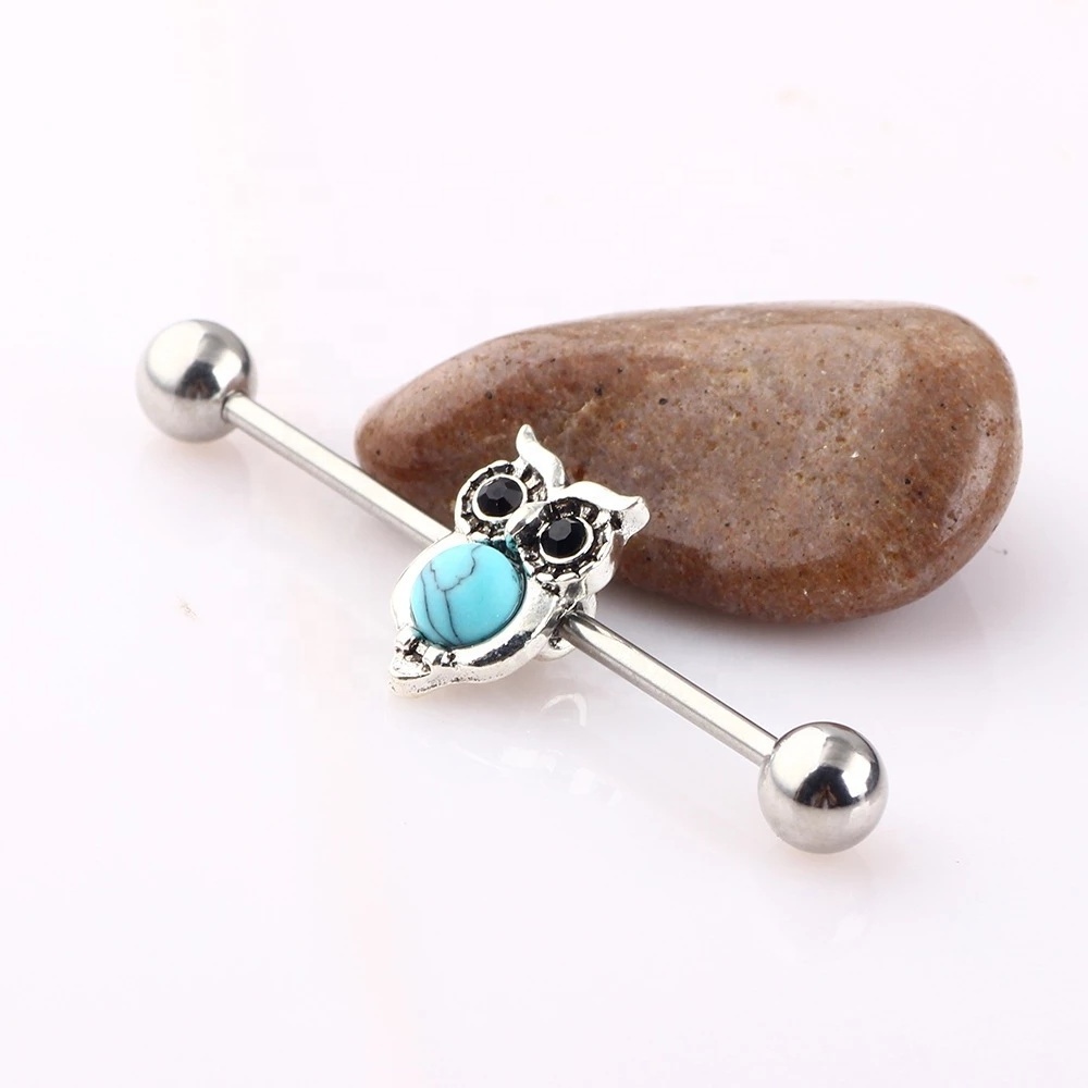 Wholesale 316L Surgical Steel Owl Turqoise Stone CZ  Industrial Bar Ear Piercing 16G