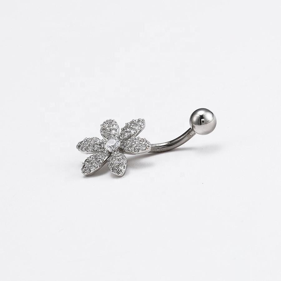 Wholesale 316L Surgical Steel Flower Paved Zirconia Stainless Steel Earrings Piercing Navel Ring Belly Jewelry Belly Button Ring